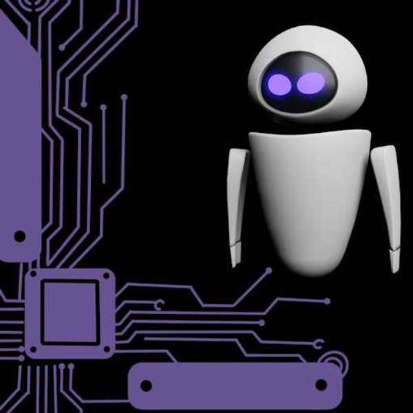 An illustration of an AI chat bot with purple wires next to it