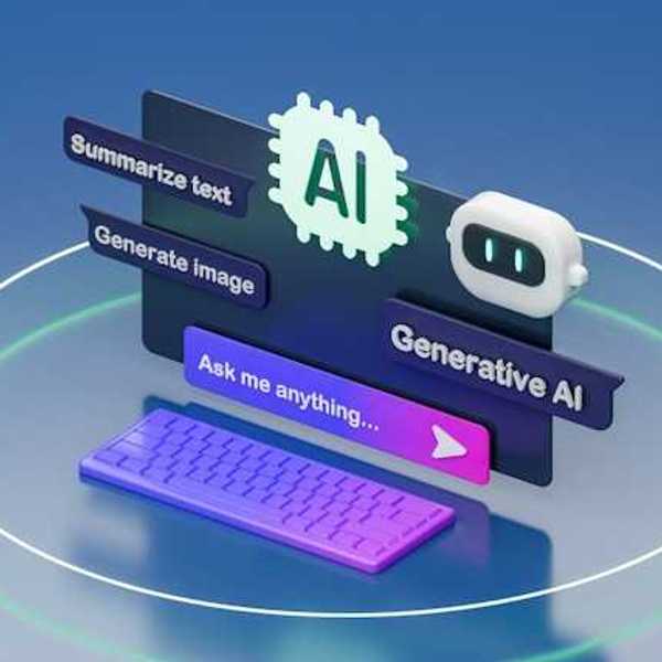 An illustration of an AI tool with a keyboard in front of it