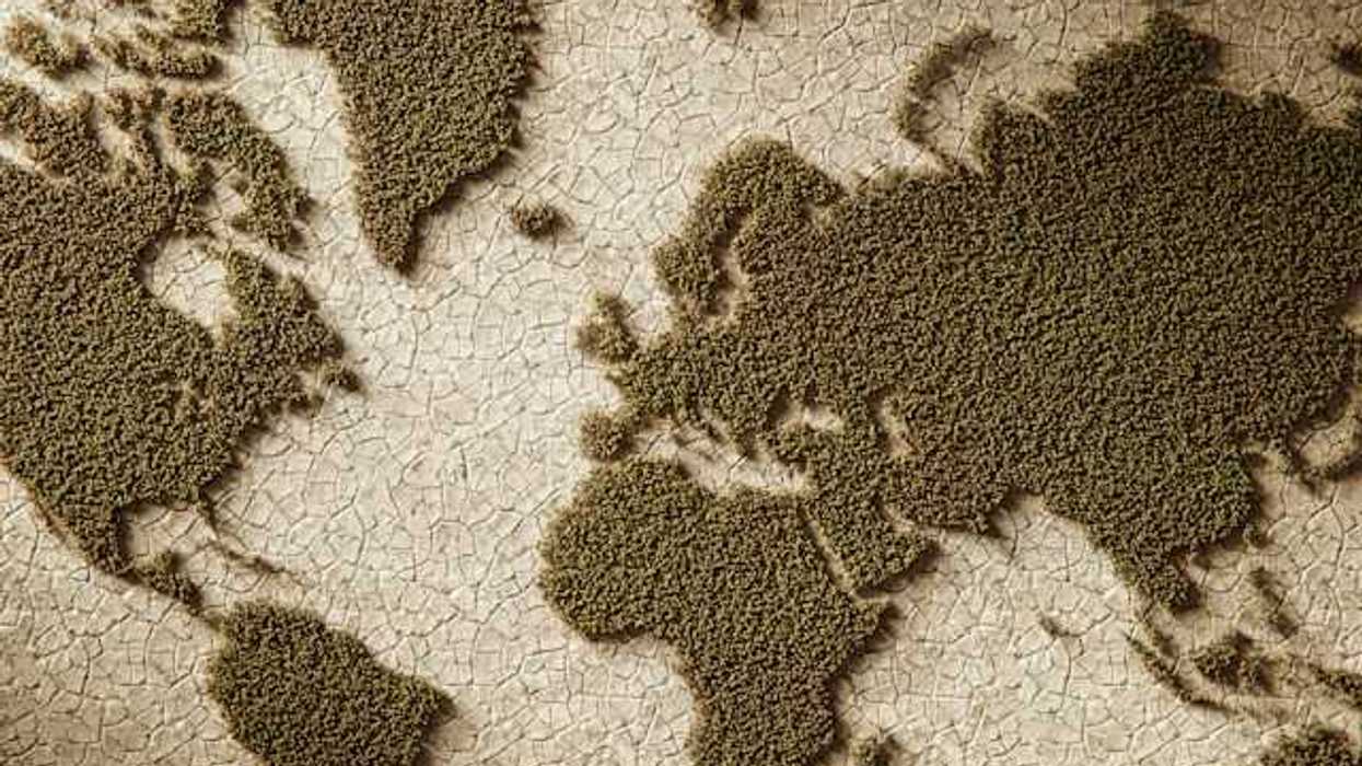 An illustration of continents of the earth with dry land where the oceans should be