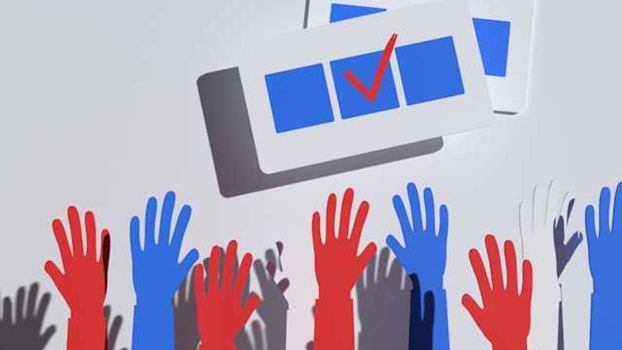 An illustration of hands reaching toward an election ballot