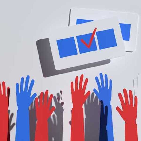 An illustration of hands reaching toward an election ballot