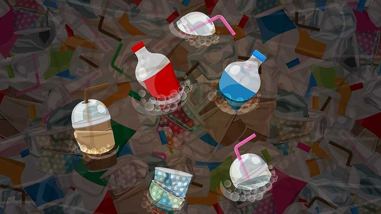 An illustration of plastic containers bobbing in a trash filled water source