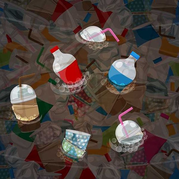 An illustration of plastic containers bobbing in a trash filled water source