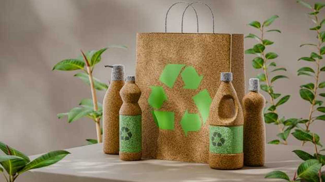An illustration of recyclable home goods such as bottles and a bag