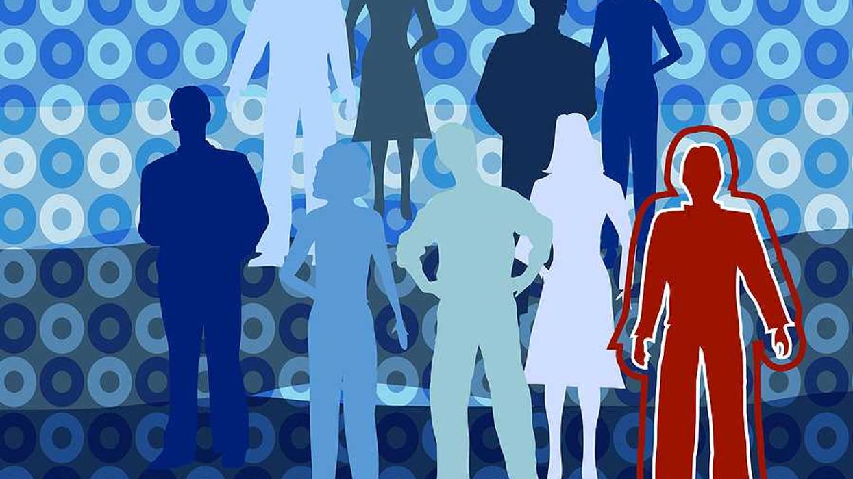 An illustration of silhouettes of people in greens and blues with one person in red