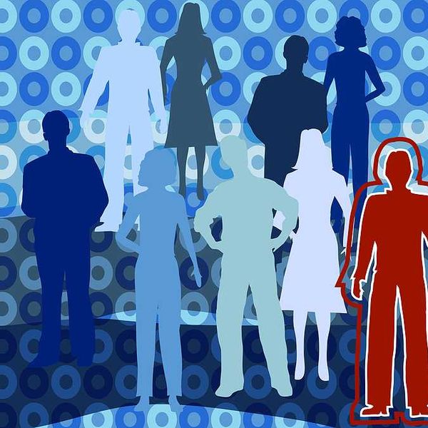 An illustration of silhouettes of people in greens and blues with one person in red