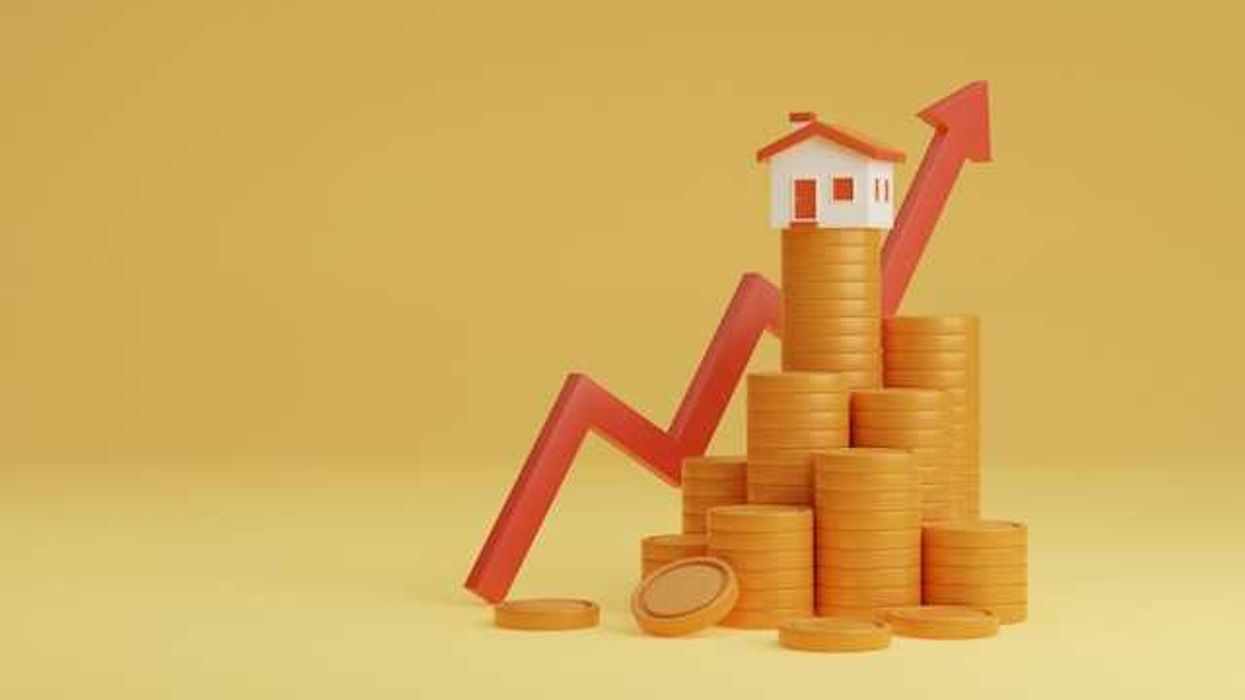 An illustration of stacks of coins and an arrow going up to a house on the tallest pile of coins