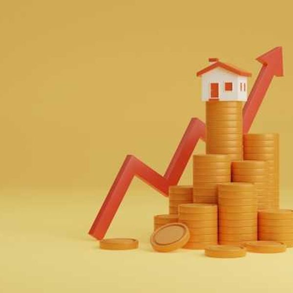 An illustration of stacks of coins and an arrow going up to a house on the tallest pile of coins