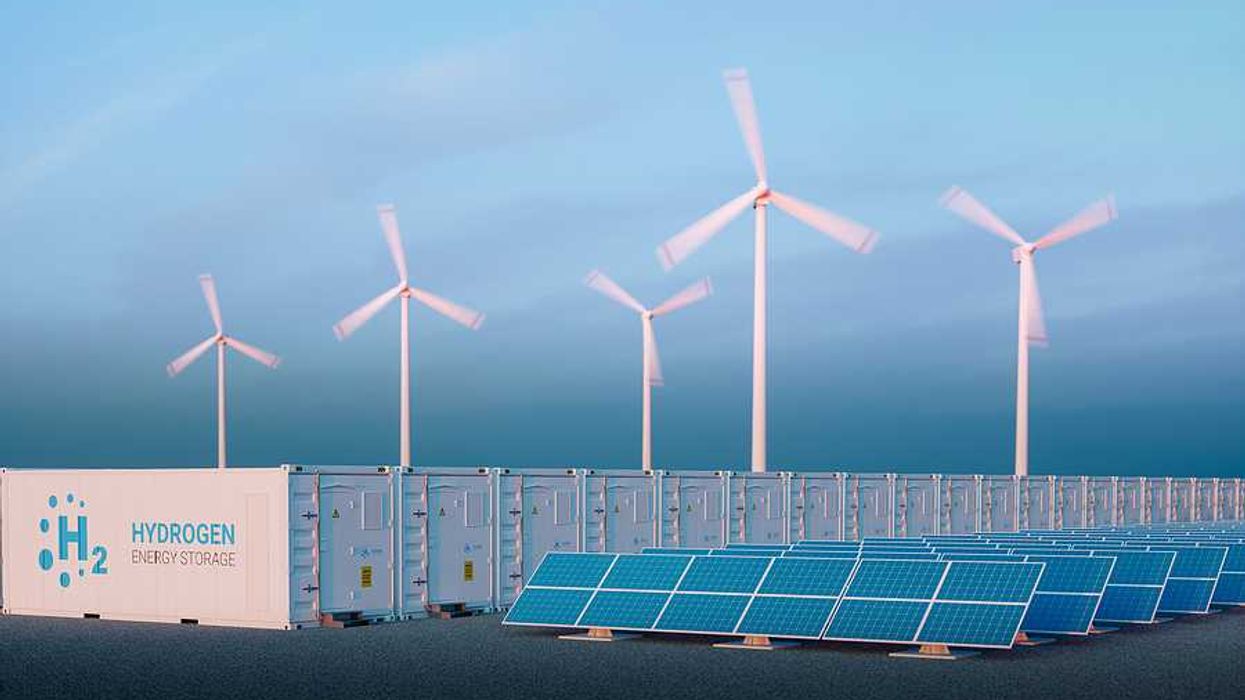 An illustration of storage containers with the word Hydrogen on them, solar panels, and wind turbines