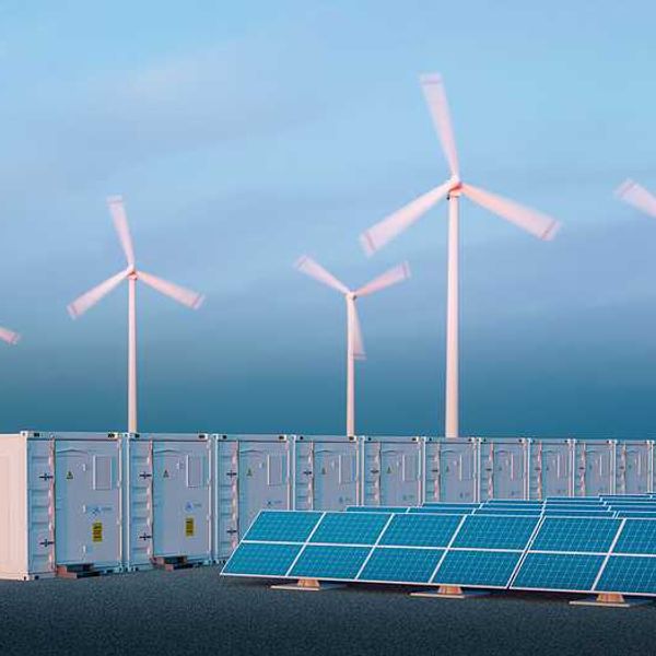 An illustration of storage containers with the word Hydrogen on them, solar panels, and wind turbines