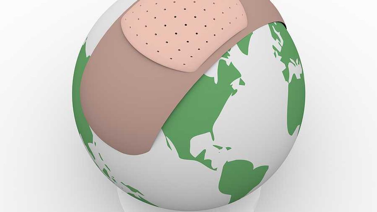 An illustration of the globe with a giant band aid on it