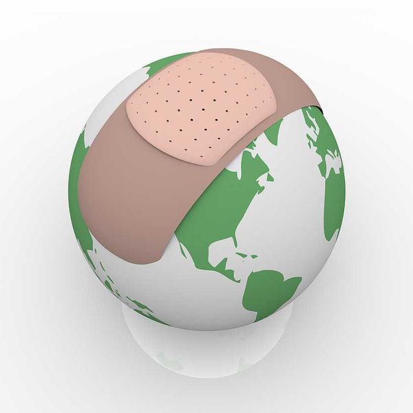 An illustration of the globe with a giant band aid on it