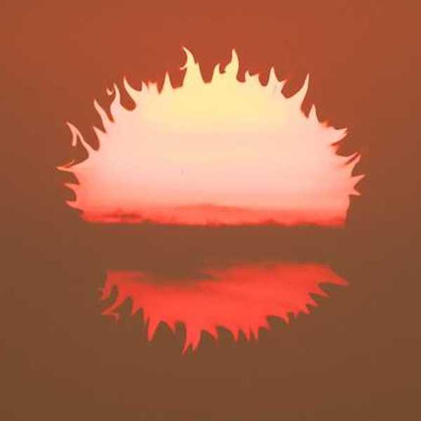 An illustration of the setting sun in front of an orange sky