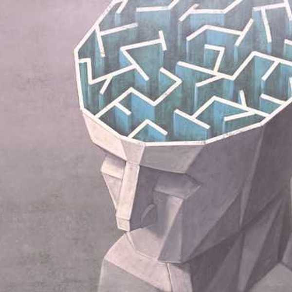 An illustration of the top of a human head with the brain exposed showing a maze