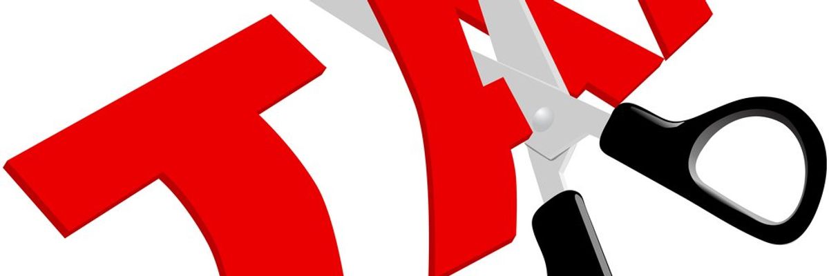 An illustration of the word TAX in red with scissors cutting the 'A' in half.