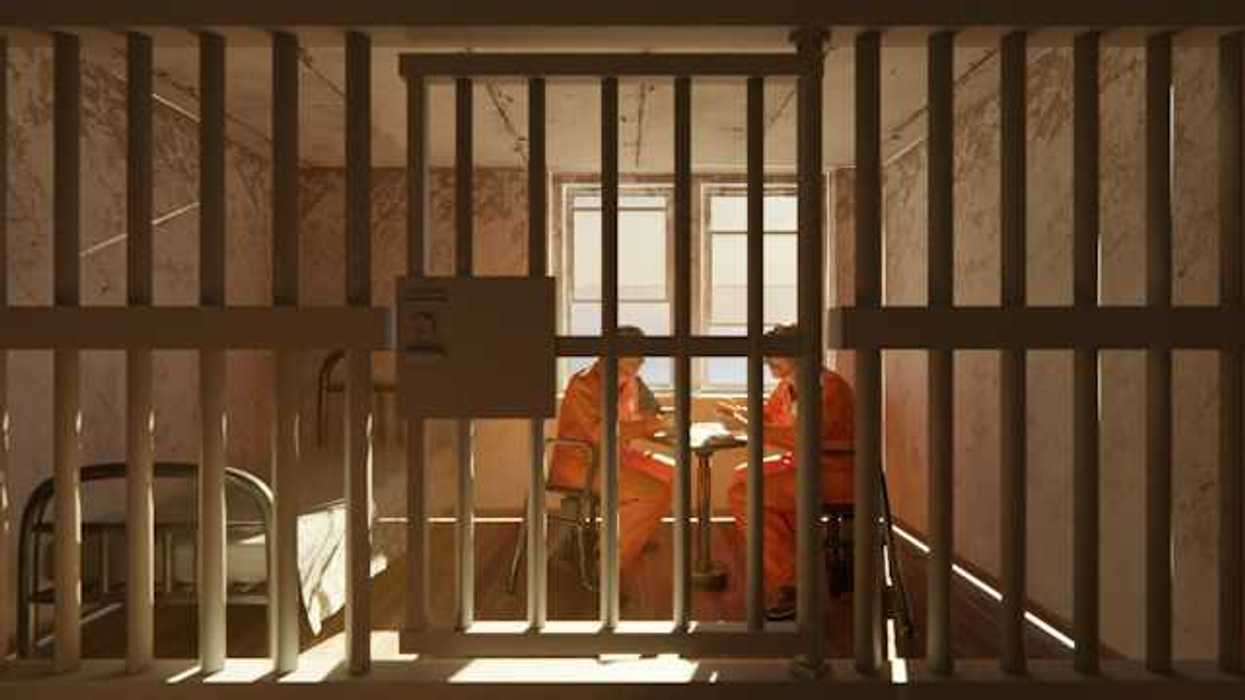 An illustration of two prisoners in orange jumpsuits sitting in a cell