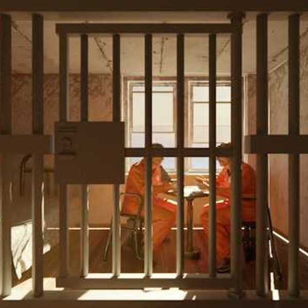 An illustration of two prisoners in orange jumpsuits sitting in a cell