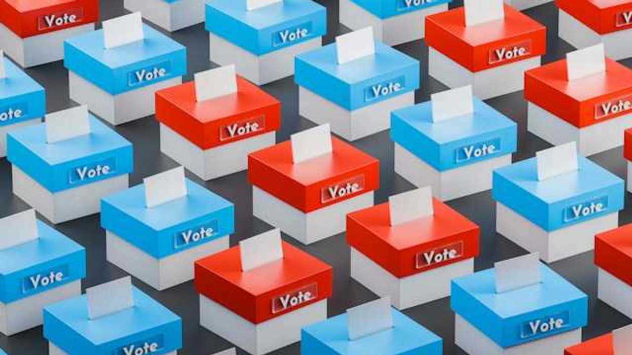 An illustration showing a row of voting boxes with blue and red lids