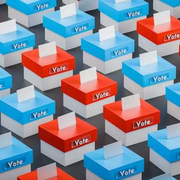 An illustration showing a row of voting boxes with blue and red lids