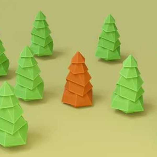 An illustration showing green and orange plastic trees on a yellow background