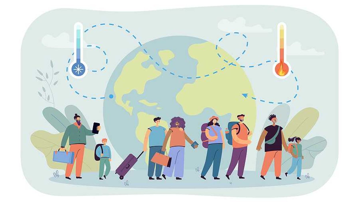 An illustration showing people migrating with an image of a globe in the background