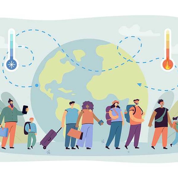 An illustration showing people migrating with an image of a globe in the background