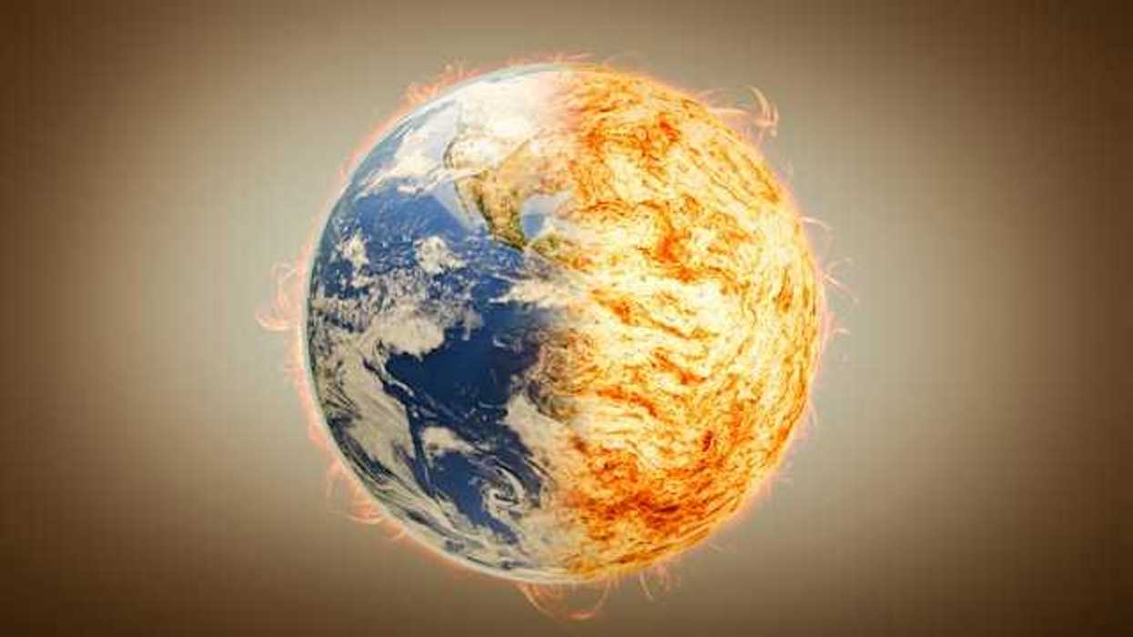 An illustration the earth with one side on fire