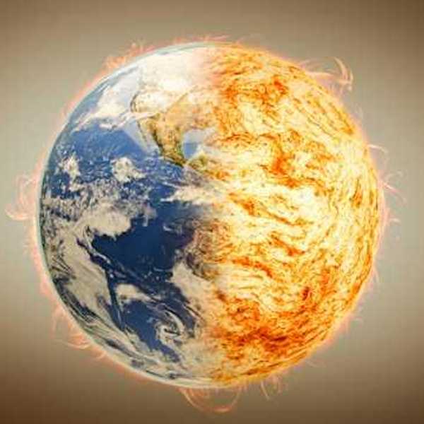 An illustration the earth with one side on fire