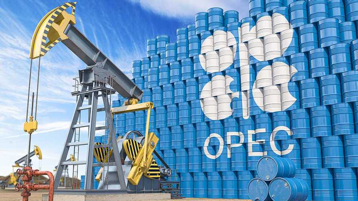 An illustration with a tower of blue oil drums with the word OPEC on it
