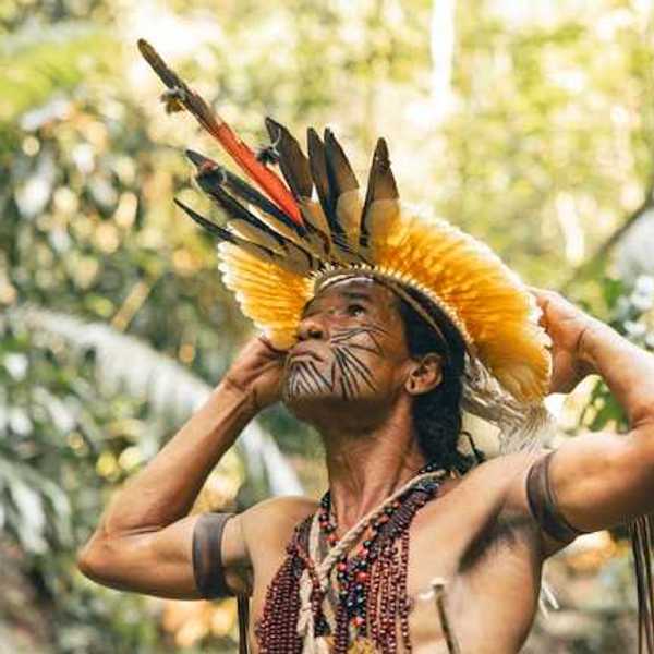 An indigenous Amazon tribe member wearing ceremonial garb