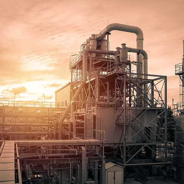 An industrial plant with the sun setting in the distance