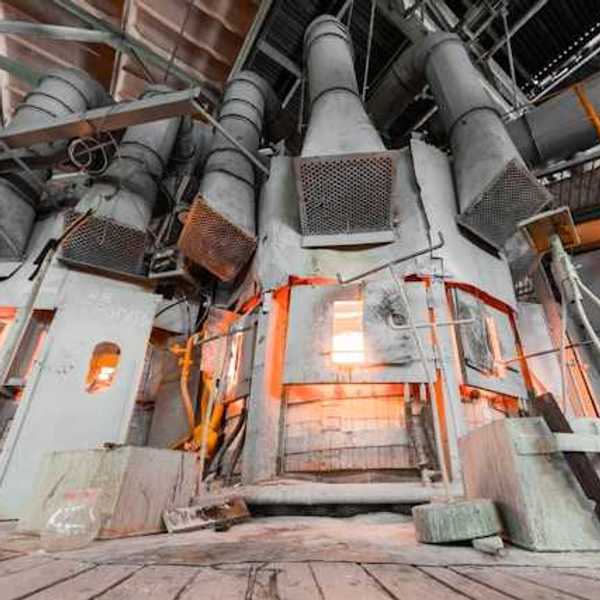 An industrial smelter with fire behind metal doors