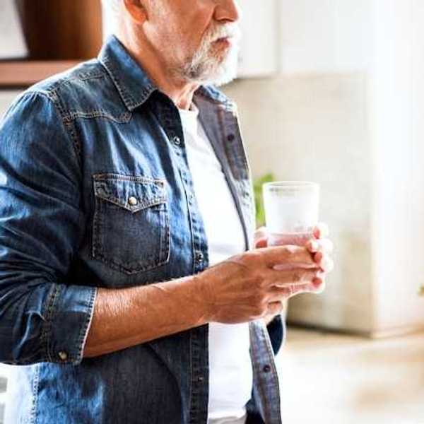 An older gentleman holding a glass of water in the kitchen
