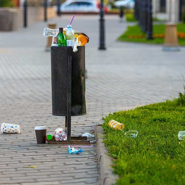 An overflowing trash can in a park