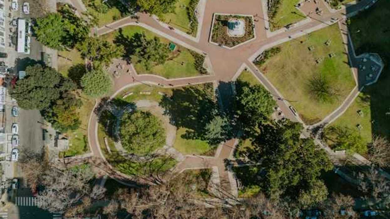 An overhead view of a park in an urban setting