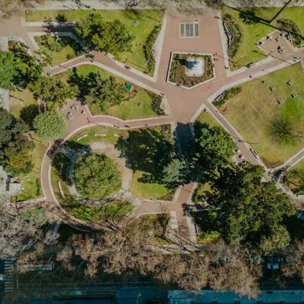 An overhead view of a park in an urban setting