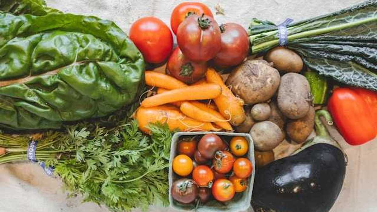 An overhead view of a pile of vegetables