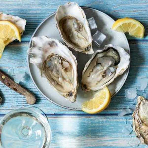 An overhead view of a plate of oysters