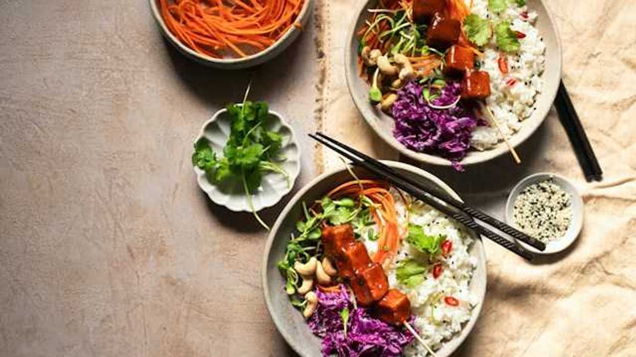 An overhead view of two rice and tofu bowls