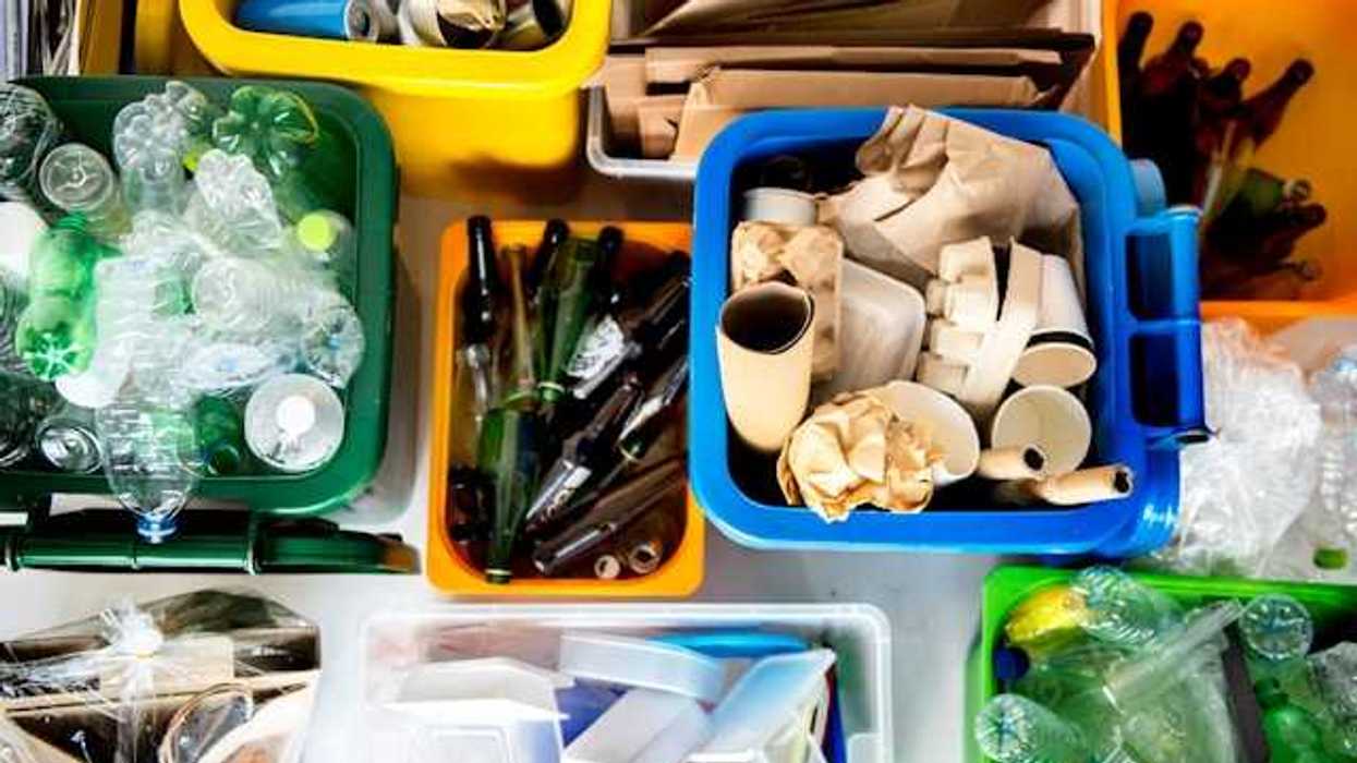 An overhead view of various recycling boxes