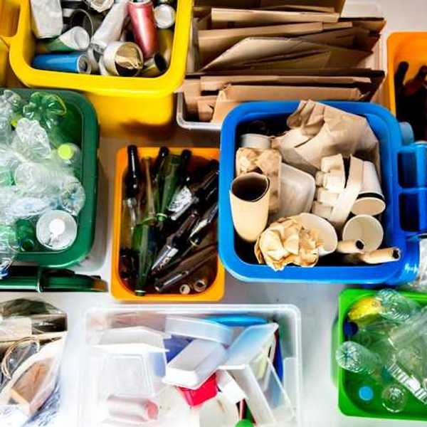 An overhead view of various recycling boxes