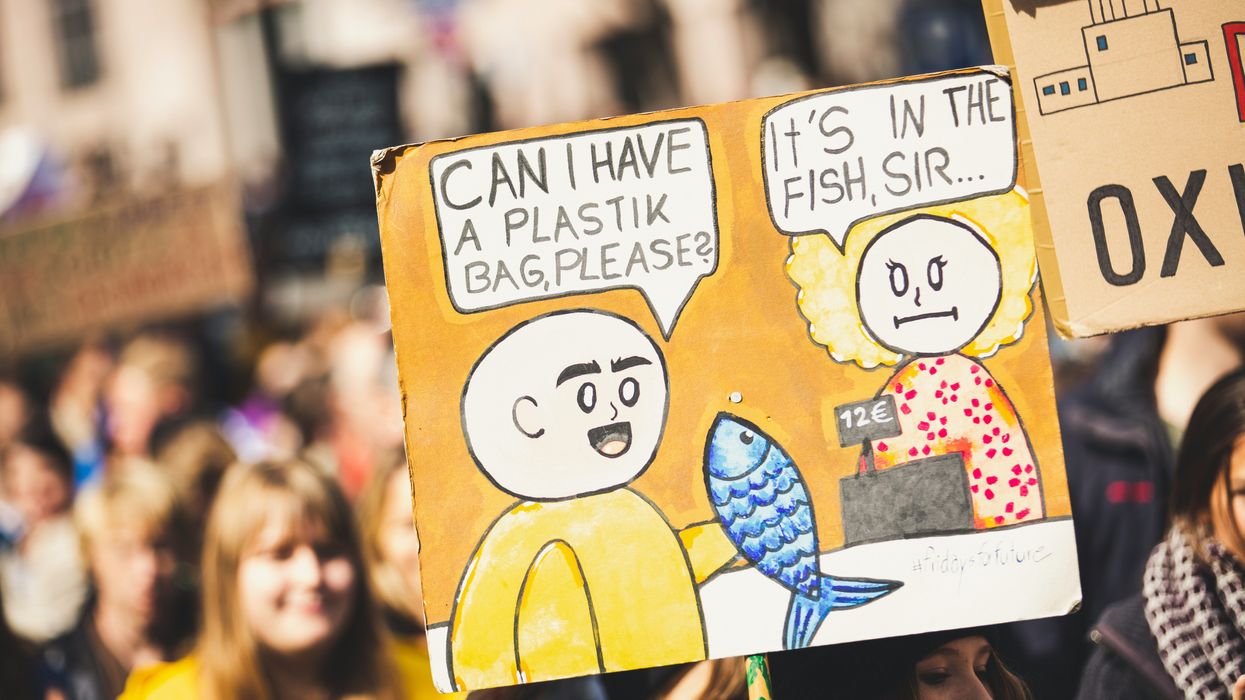 An protester holding a sign with a cashier telling a customer that their plastic bag is in the fish they're buying