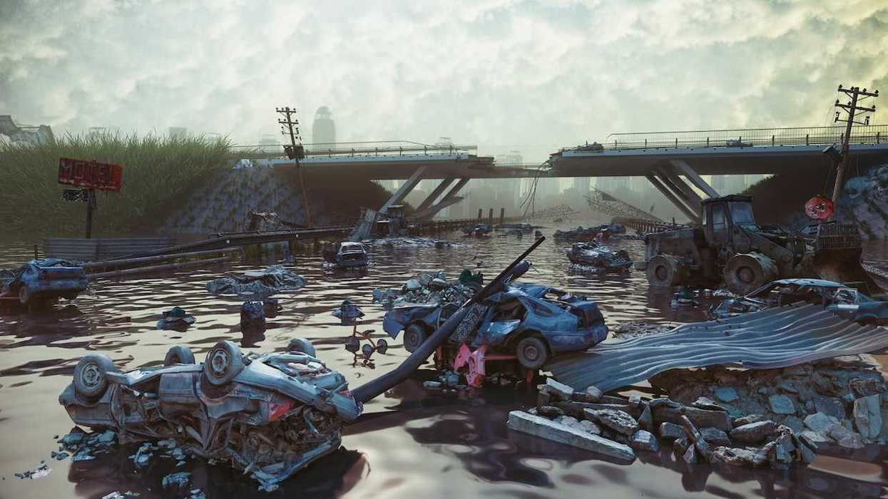 Apocolyptic illustration depicting flood aftermath: damaged infrastructure, destroyed vehicles, angry, overcast sky