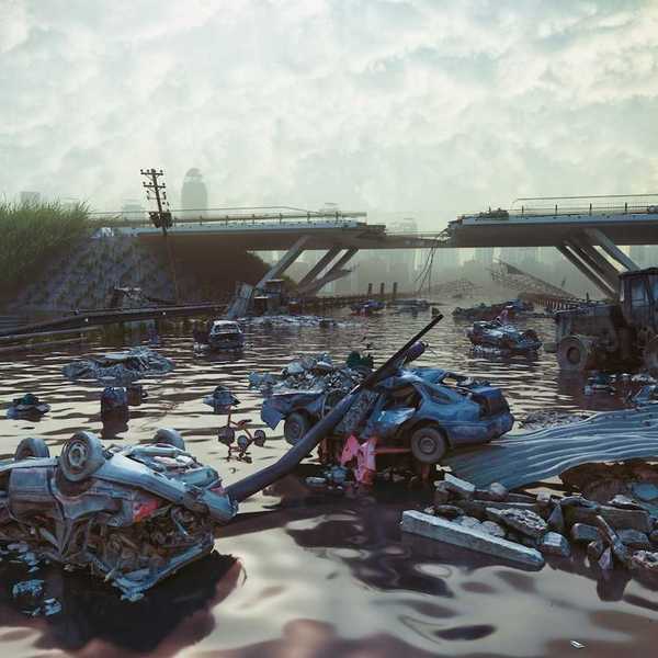 Apocolyptic illustration depicting flood aftermath: damaged infrastructure, destroyed vehicles, angry, overcast sky
