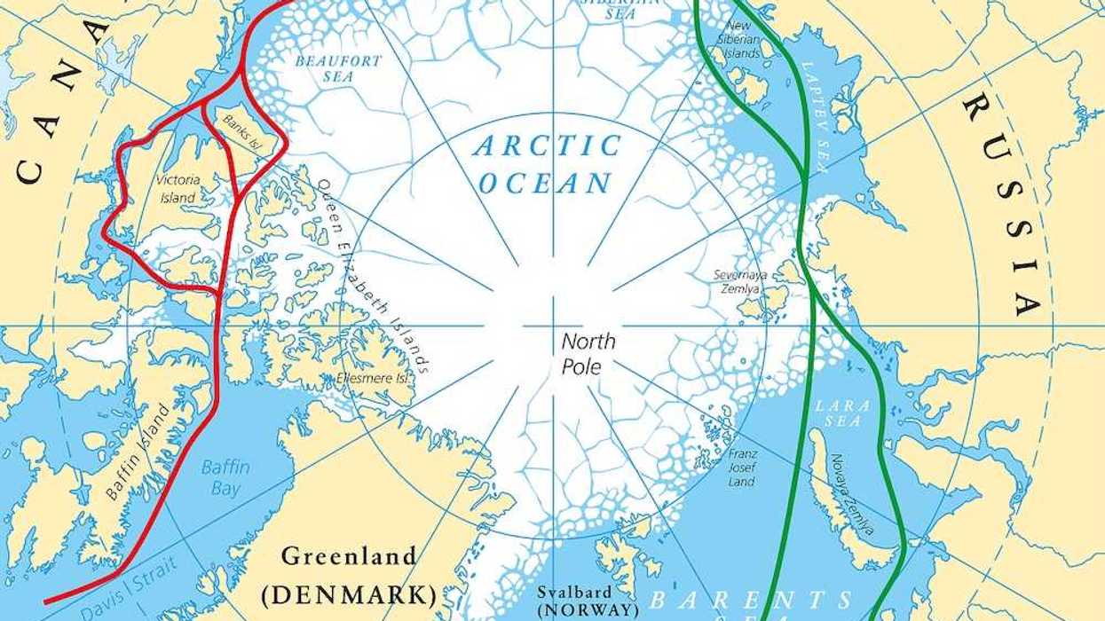 Arctic Ocean sea routes map with Northwest Passage and Northern Sea Route.