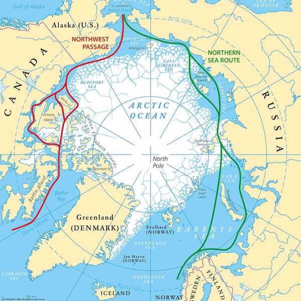 Arctic Ocean sea routes map with Northwest Passage and Northern Sea Route.