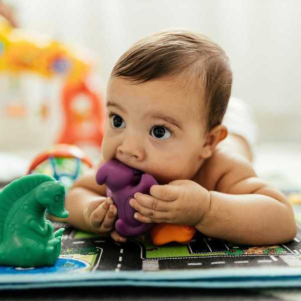 Baby lying on the floor teething on a purple, plastic toy