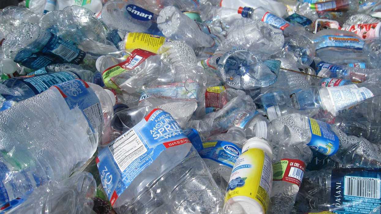 blue labeled plastic bottles.