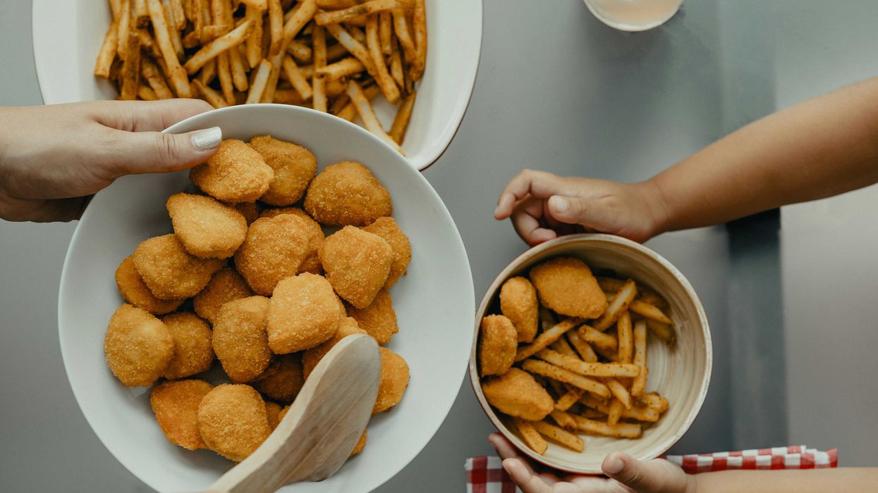 brown potato fries and chicken nuggets in white ceramic bowls.