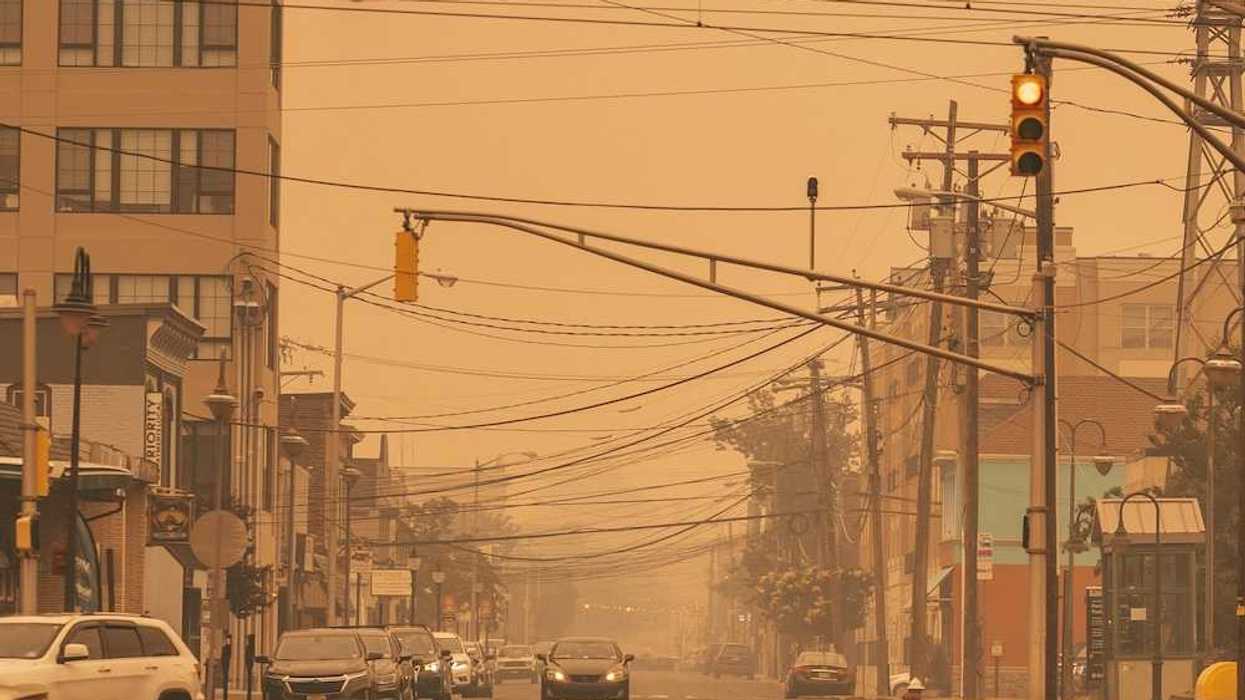 cars on a city neighborhood street amidst dirty air